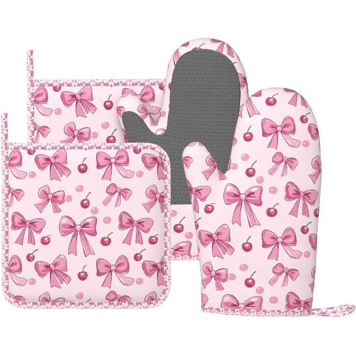 Oven Mitts Pot Holders Set Vintage Butterfly Moon Flower Silicone Kitchen Gloves Potholders Heat Resistant for Chef Baking Cooking Grilling BBQ 4