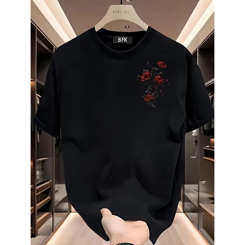 Men's Heavyweight T-Shirt with Red Rose Floral Print - Breathable Round Neck Short Sleeve Casual for Summer, Outdoor, Sports - Durable Fabric