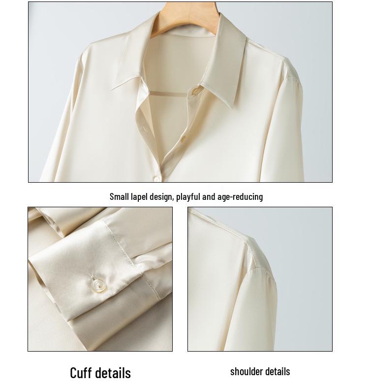 Women's Mulberry Silk White Satin Shirt - Long-Sleeved, Loose Fit, Elegant Commute Top