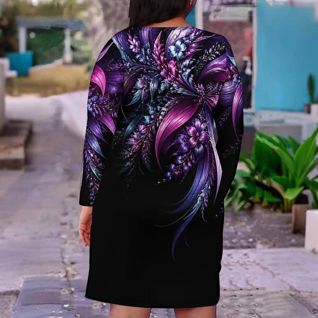 Women Plus Size V Neck Long Sleeve Printed Navy Blue Fitted Dress