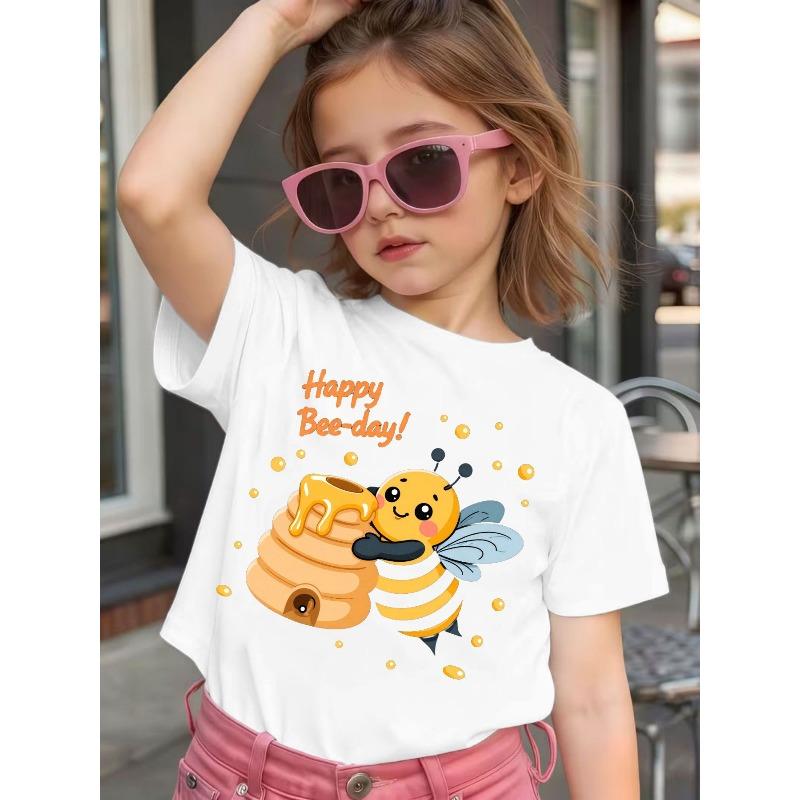 Girls Lightweight Crewneck Tee, Cute Cartoon Bee Birthday Print Sweet Summer Short Sleeve Top 110