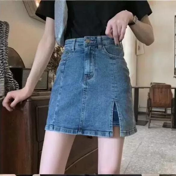 Women's Plus Size High Waist Denim Mini Skirt with Slit - Retro A-line, Slimming Summer Style