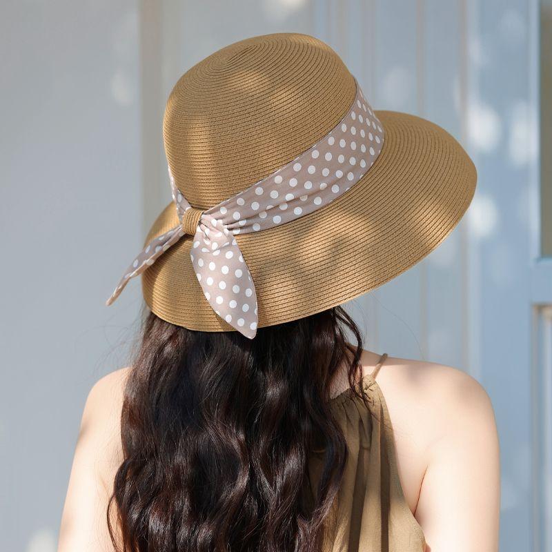 Sommar Ny Hatt Dam Polka Dot Streamer Solhatt Hepburn Stil Lafite Stråhatt Rese Solhatt