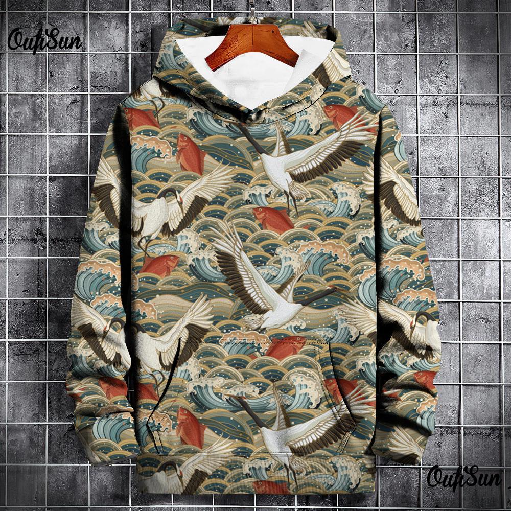 Animal Hoodies For Men 3d Crane Print High-Quality Men Clothing Daily Casual Long Sleeved Loose Oversized Pullover Harajuku Tops