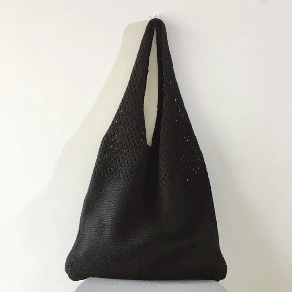 Minimalist Retro Hollow Knitting Bag For Women, Woven Yarn Shoulder Tote Bag, Large Capacity Breathable Shopping Handbag For Daily Outdoor Use