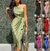 European Style Irregular One-Shoulder Satin Dress With Waistband - Slim-Fit, Long Women's Dress 2025