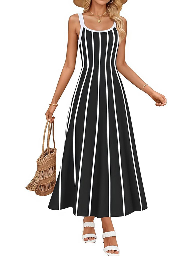 Ärmelloses gestreiftes Maxikleid für Damen - Bequem & Lässig, U-Ausschnitt, Hohe Taille