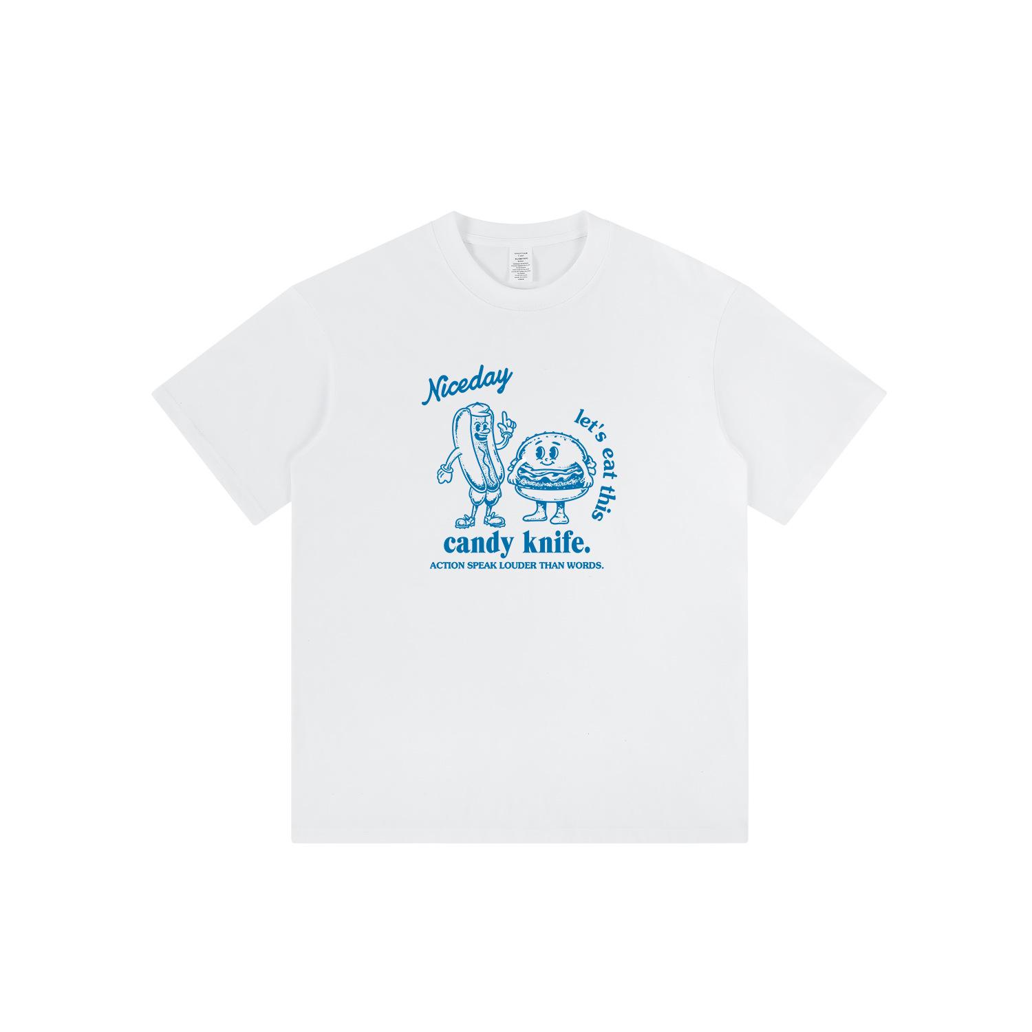 

Мультяшная футболка для пар с хот-догом и бургером - Американский кэжуал, короткий рукав Large белый