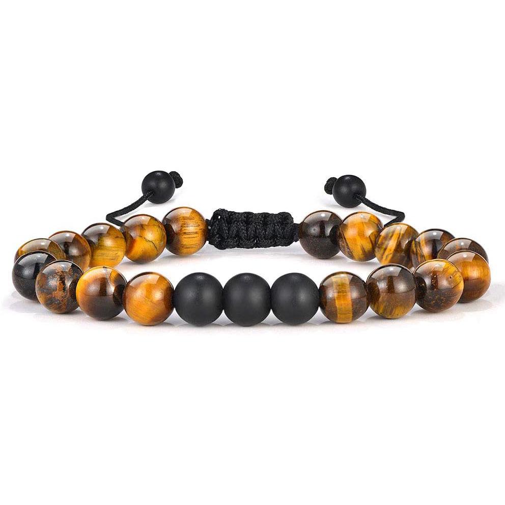Pulseira Tecida Masculina Olho de Tigre e Pedra Vulcânica - Presente de Joia Feito à Mão, Contas de Ágata Negra de 8mm