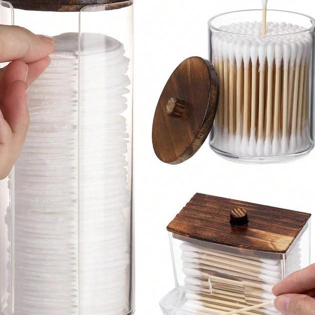 Bamboo Lid Cotton Swab & Makeup Remover Acrylic Storage Box: Includes Cotton Balls, Dental Floss, Round Box