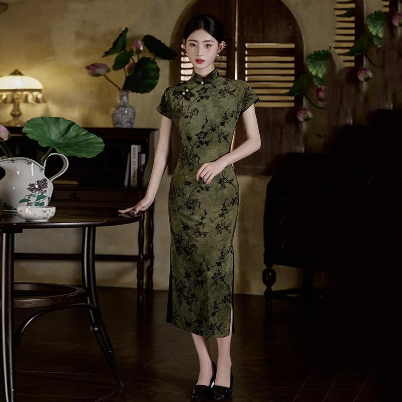 Vintage Chinese-Inspired Long Cheongsam Dress Women Slim Fit With Stand Collar Design 2025 Small