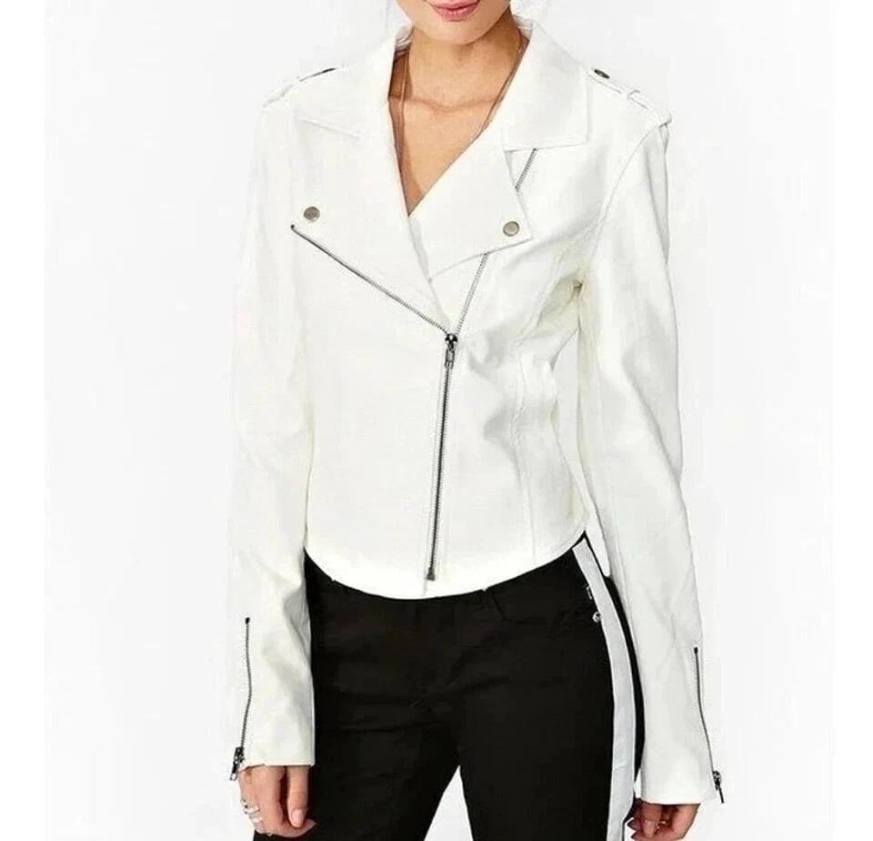 Lambskin Stylish Casual Biker Soft Women Wear New Jacket White Handmade Leather