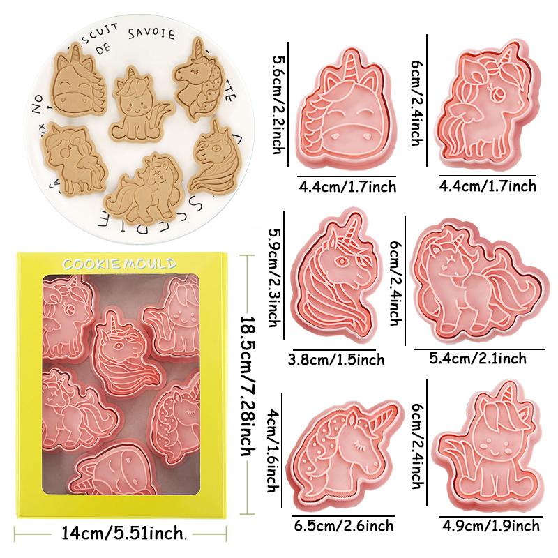 

6pcs/set Unicorn Cookies Cutters Plastic Cartoon Pressable Biscuit Mold Confectionery Cookie Stamp Kitchen Baking Pastry Tools