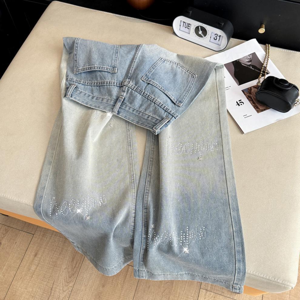 Korean Style Rhinestone Inlaid Gradient Washed High Waist Denim Pants - Women's Straight & Wide Leg Options.
