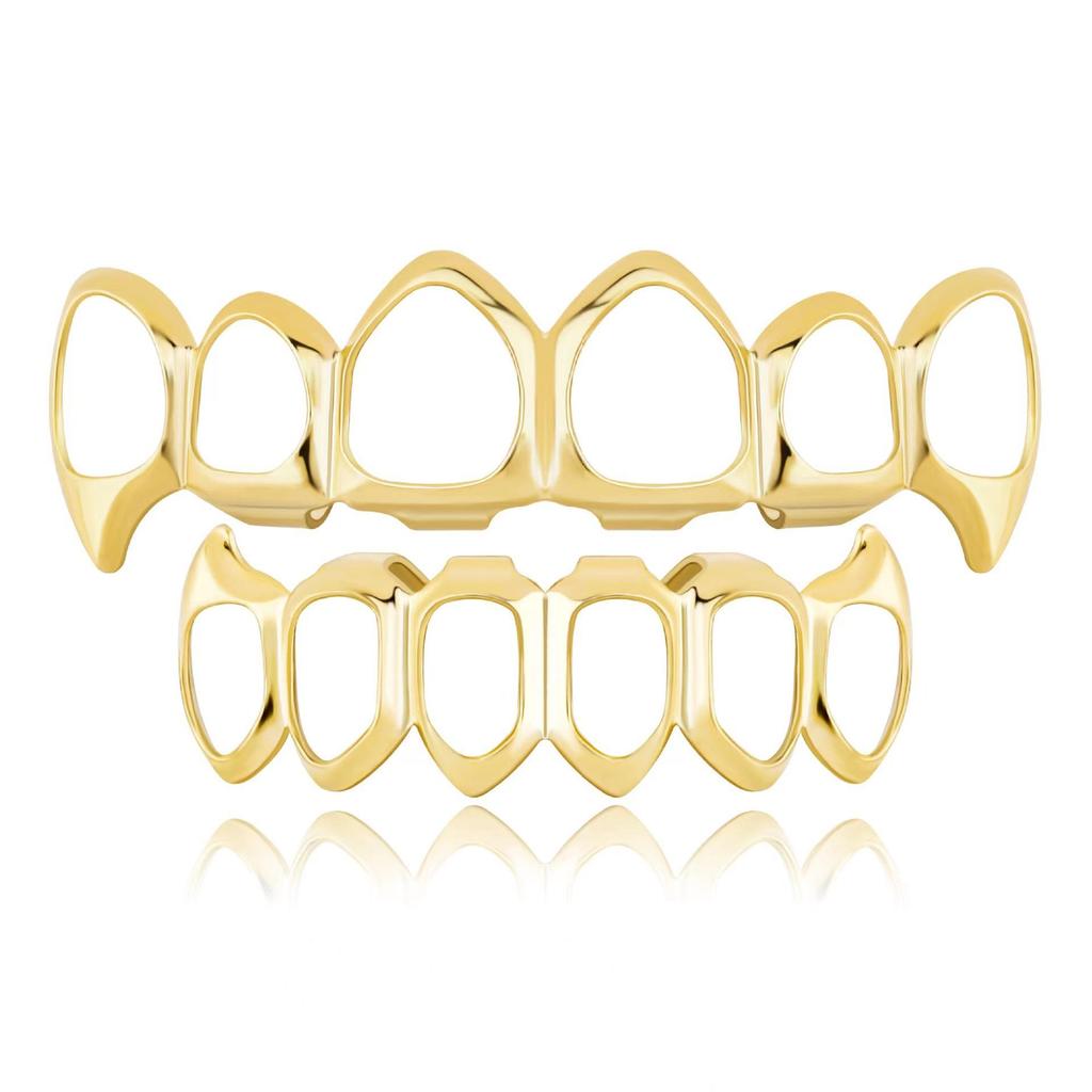 European Six-Tooth & Four-Tooth Hollow Fangs with Flat Teeth Hip Hop Grill Set