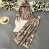Damen Frühling/Herbst Tuschemalerei Jacquard Kapuzen-Strickpullover & High-Waist Weitbeinige Hosen Set