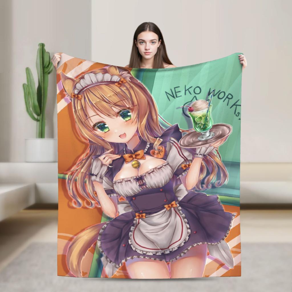 Kawaii Nekopara Anime Catgirls Blankets Fleece  Super Warm Throw Blankets for Outdoor Travel Bedroom Quilt