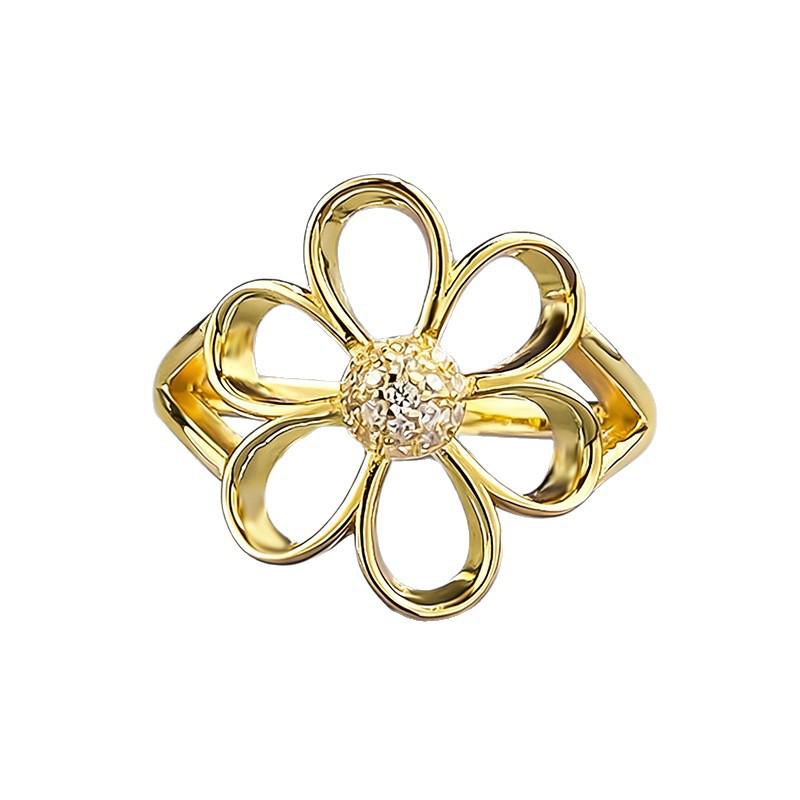 Xiancan S925 Sterling Silver Gold Plated Hollow Flower Ring with Diamond Stamen - Exquisitely Versatile.