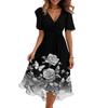 Women’s V Neck Short Sleeve Midi Dress with Floral and Butterfly Print Flowing Hem Casual Fit
