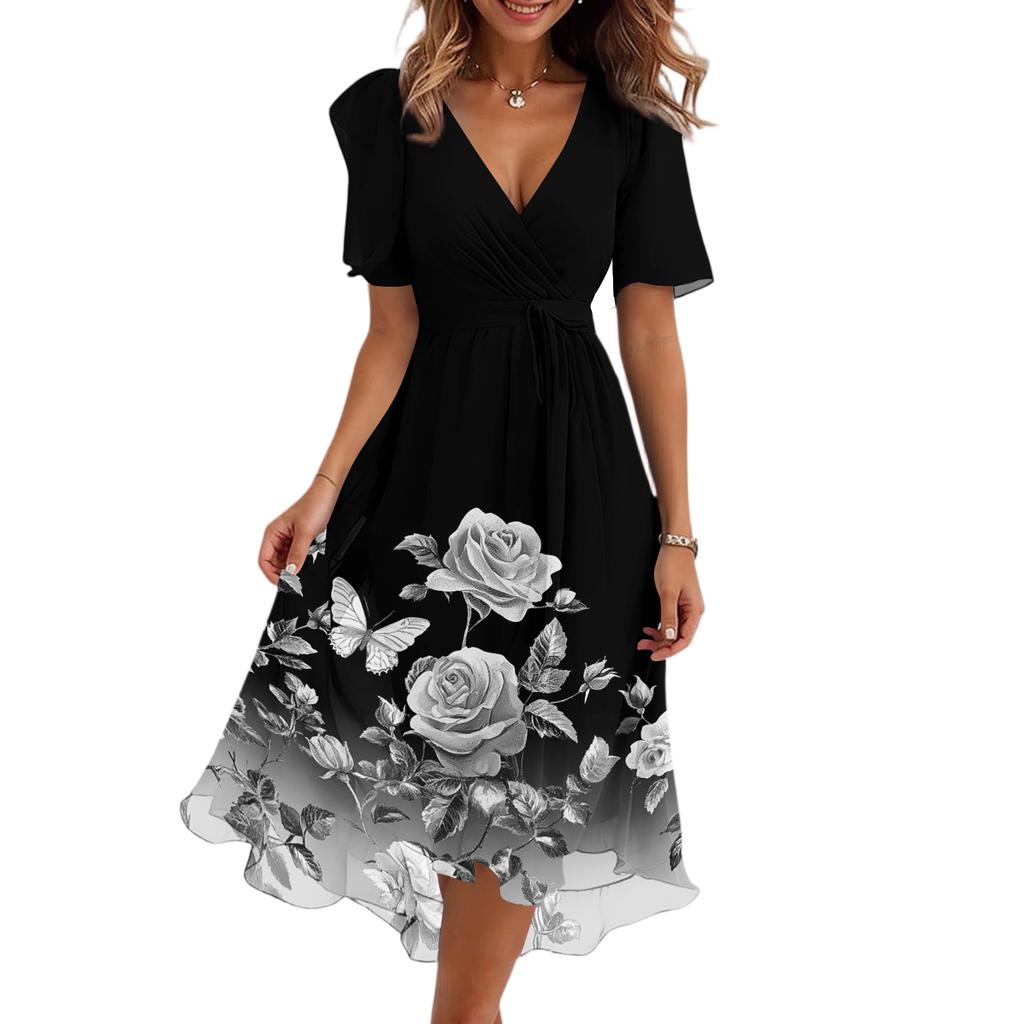 Women’s V Neck Short Sleeve Midi Dress with Floral and Butterfly Print Flowing Hem Casual Fit