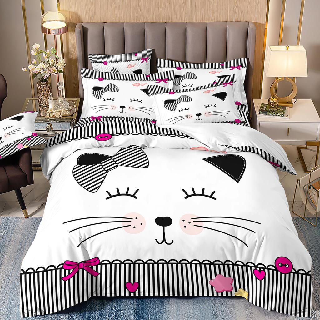 3D Digital Printing Children'S Cute Cat Bedding Quilt Cover Three-Piece Set