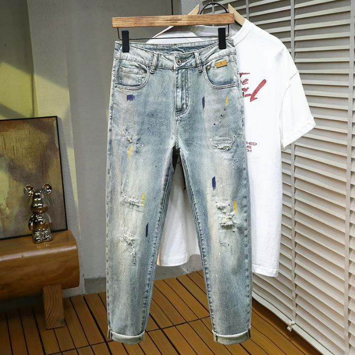 

Spring Ripped Scar Repair Flying Paint Elastic Denim 9-point Pants Men s 9-point Pants 28