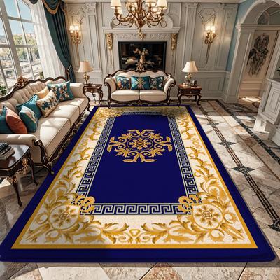 Tapis de Zone Européens Classiques Extra Larges Bleu Royal Or Motif Floral pour Décor de Salon Grand Luxueux