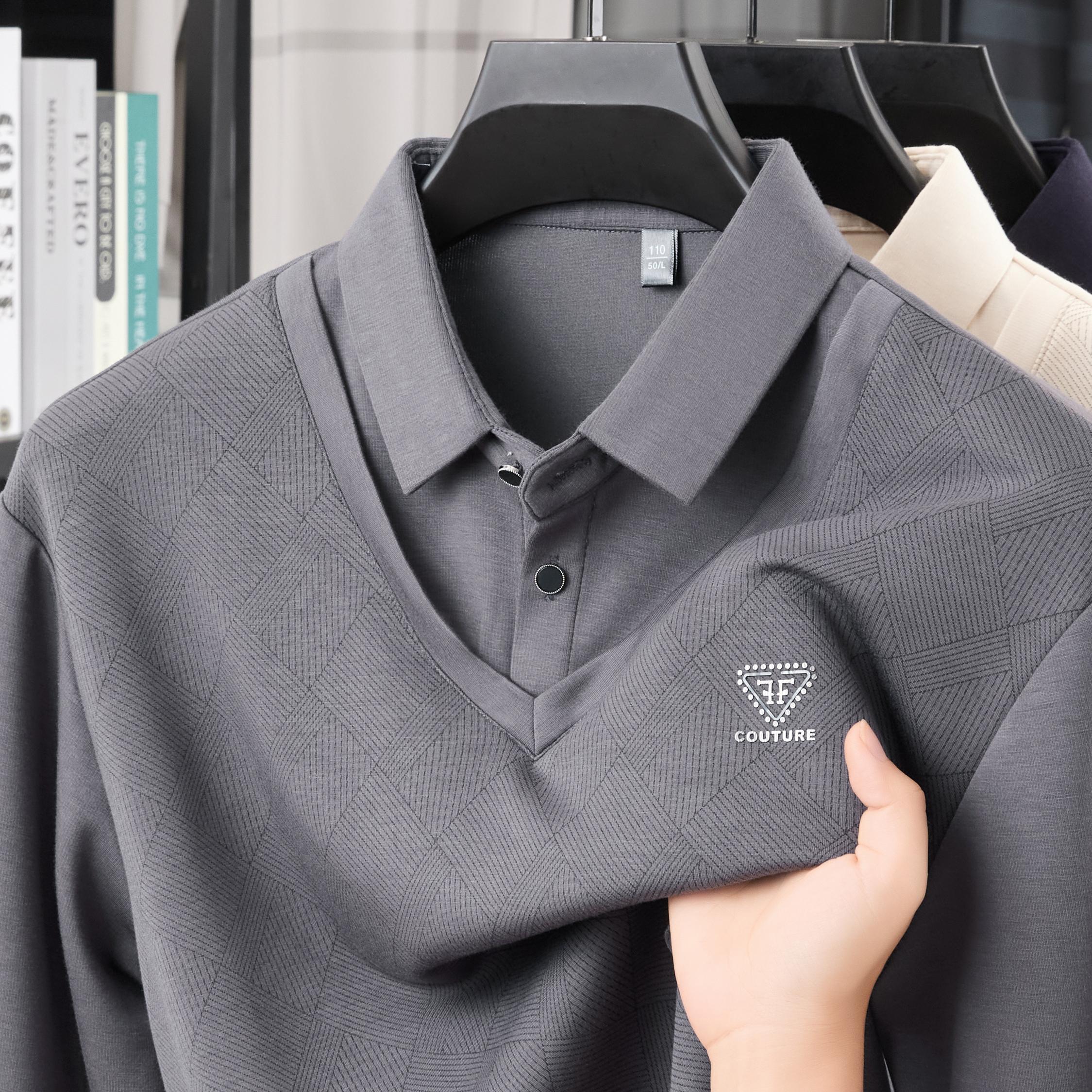 

Men s Polo Shirt Lapel Fake Two-Piece Long Sleeve T-Shirt Autumn Exquisite Print Business Commute Menswear Top M