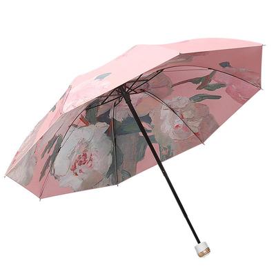 Guarda-chuva Floral Triplo de Camada Dupla com Proteção UV para Mulheres - Design de Pintura a Óleo, Para Chuva ou Sol.