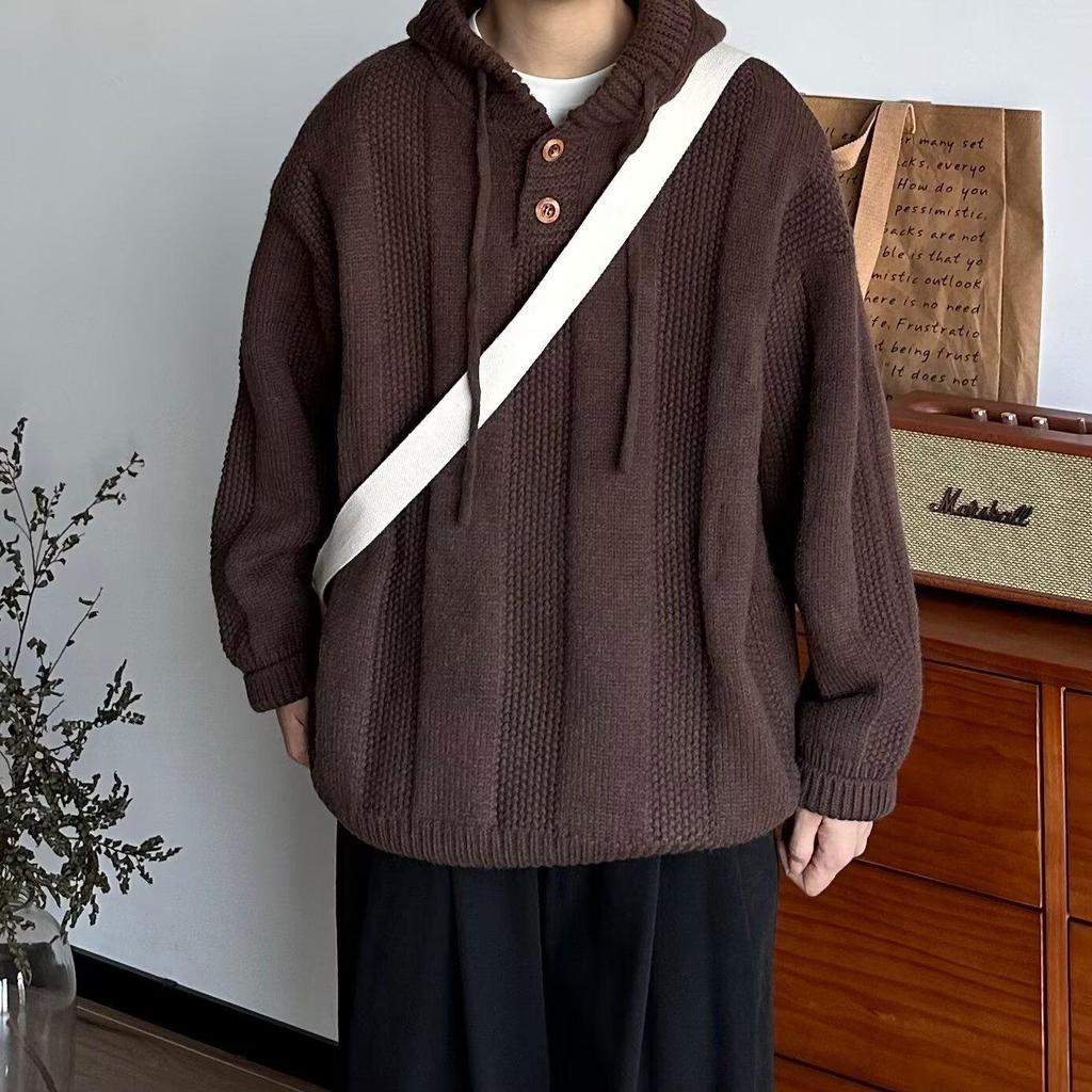 Pánský japonský pletený svetr s kapucí v barvě kávy - Teplý, volný střih pro podzim/zimu