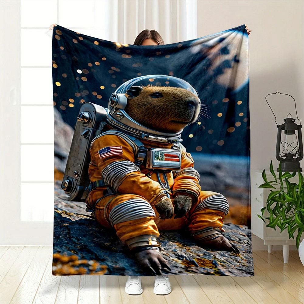 Capybara In a Bright Astronaut Suit with Stars and Planets In the Background. for All Seasons Blanket Lunch Break Throw Gift