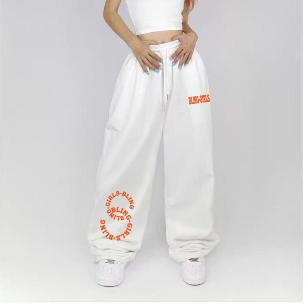 Trendy Women Y2K Black White Letter Print Quick Dry Baggy Pants Elastic Waist Comfy Streetwear Trousers