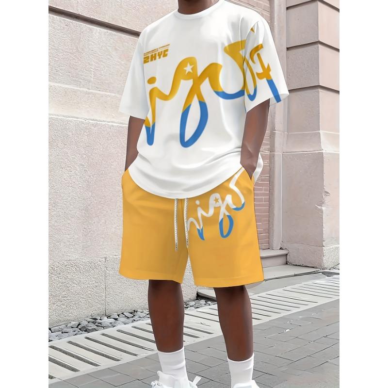 Men's 3D Digital Print Casual Short Sleeve and Shorts Set - Summer Print Set, Suitable for Running