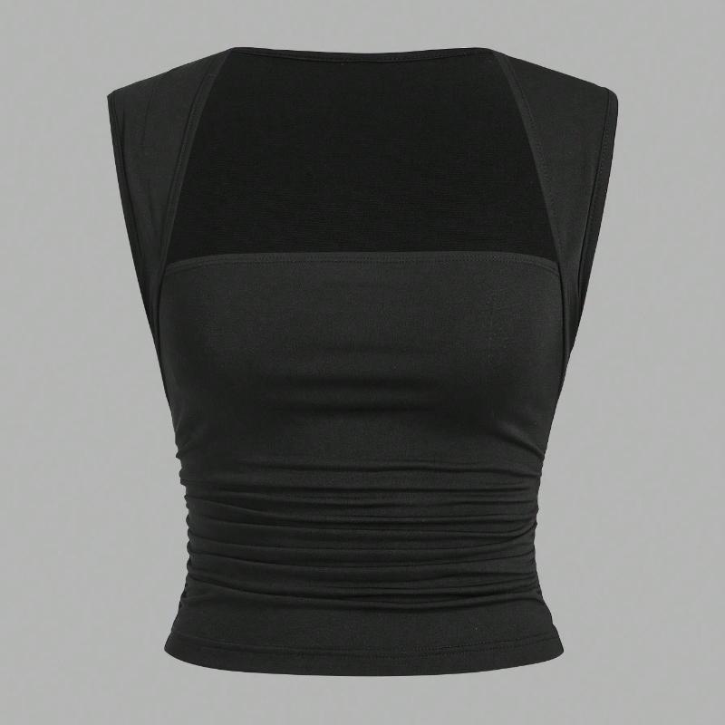 

Летний персонализированный уличный однотонный темпераментный квадратный вырез повседневный облегающий безрукавный жилет S чёрный