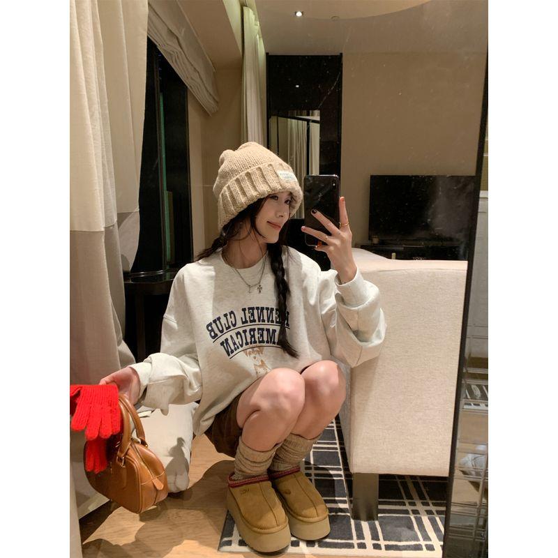 Kumikumi Idle Style Letters Print round Neck Long Sleeves Sweatshirt Female Autumn Leisure Loose All-Match Gray Tops