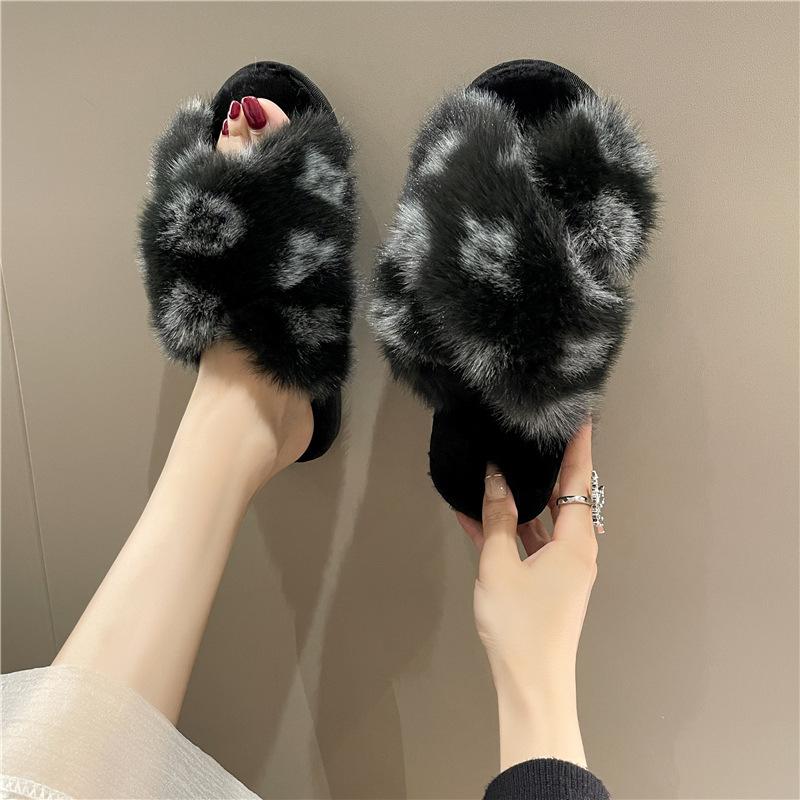 Amazon cross leopard print fluffy slippers autumn and winter warm home indoor flat bottom fashion floor cotton slippers