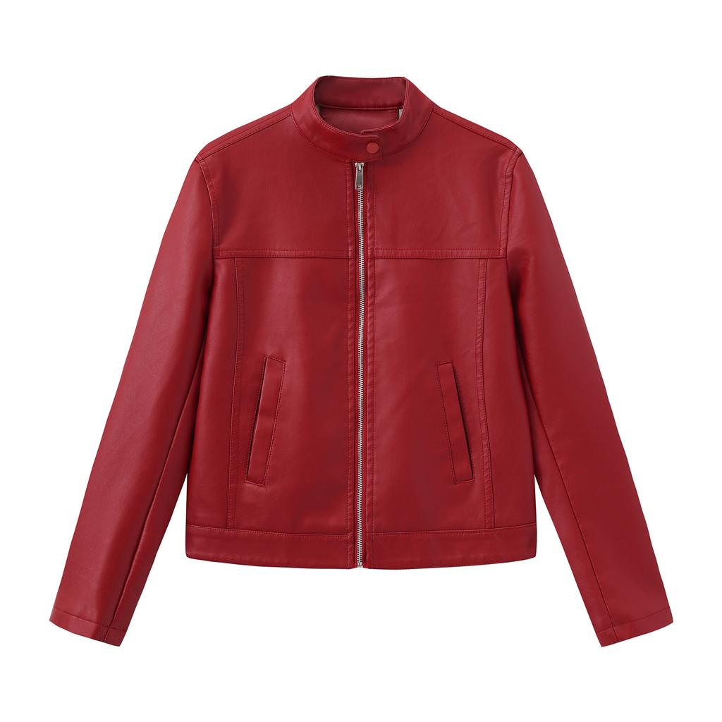 Women's Casual Solid Color Stand Up Collar Long Sleeved Zipper Pocket Jacket Motorcycle Suit Jacket Leather Jacket