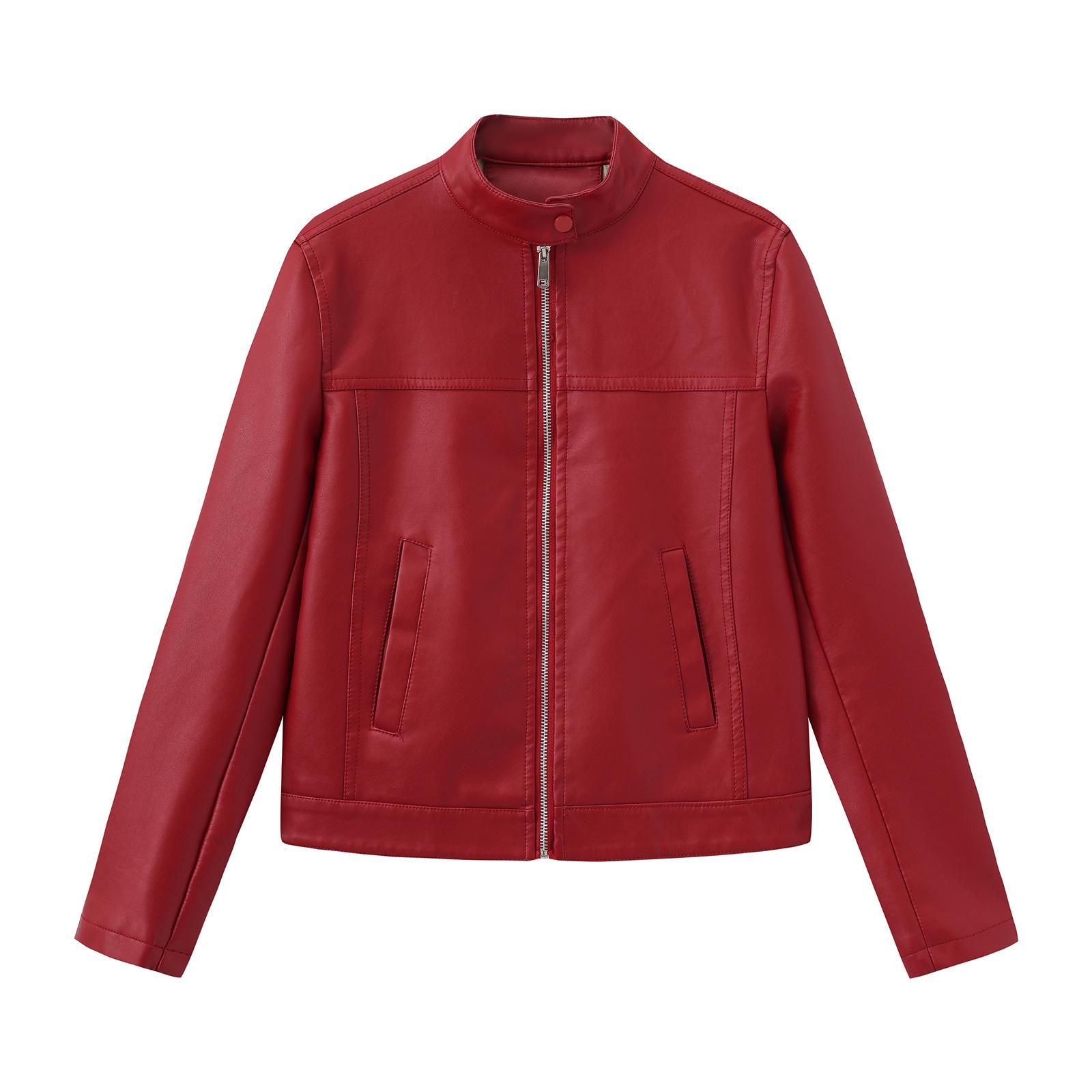 

Women s Casual Solid Color Stand Up Collar Long Sleeved Zipper Pocket Jacket Motorcycle Suit Jacket Leather Jacket XL винный