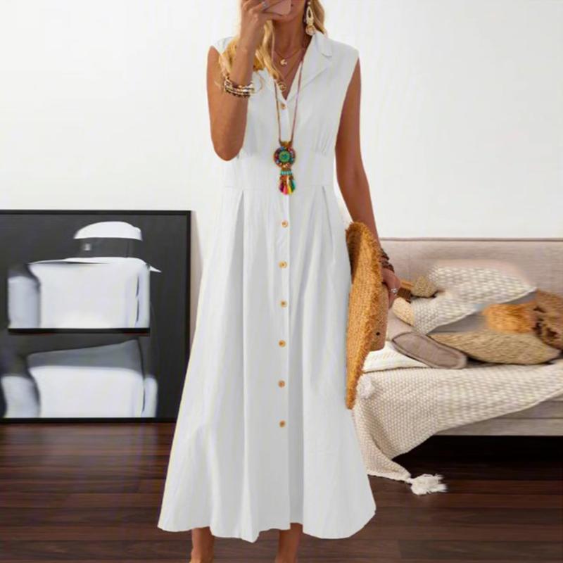 Vintage Casual Sleeveless Lapel Button Dress Women Cotton Linen Solid Long Dress 2022 Elegant Slim Lady Party Dress Cover Up