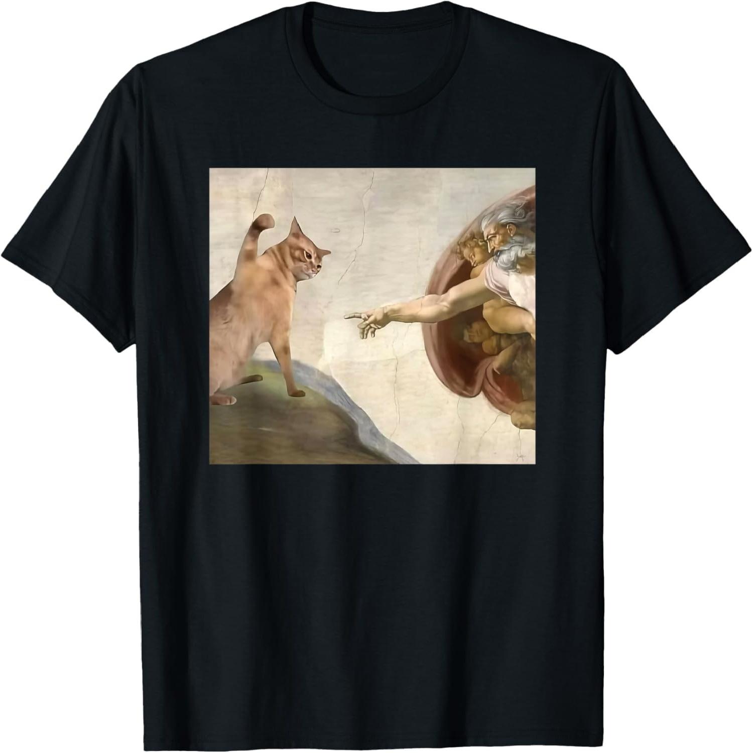 iFreya Funny Cat God Creation of Adam Meme Jesus T-Shirt S