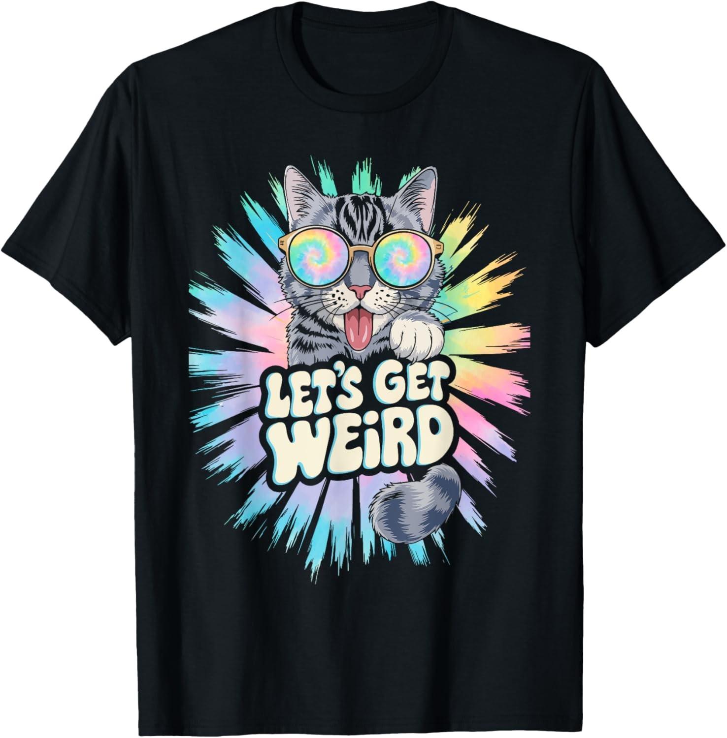 Let s Get Weird Retro Cat Animal Lover Psychedelic Boho T-Shirt XL