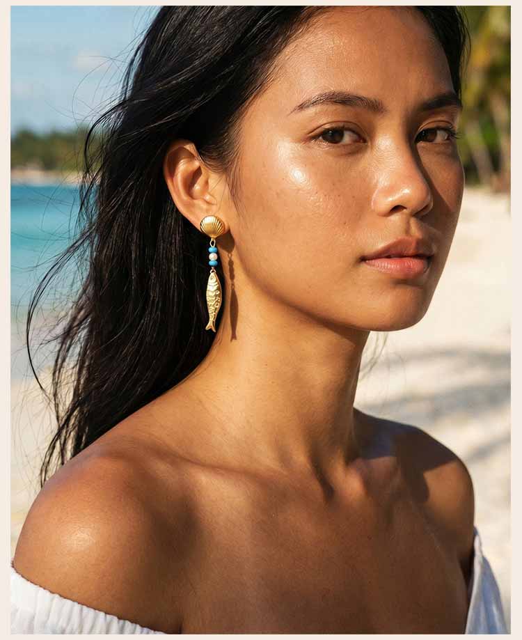 Stainless Steel Fish Drop Earrings for Women Gold Color Shell Turquoise Pearl Vintage Ocean Beach Jewelry Waterproof