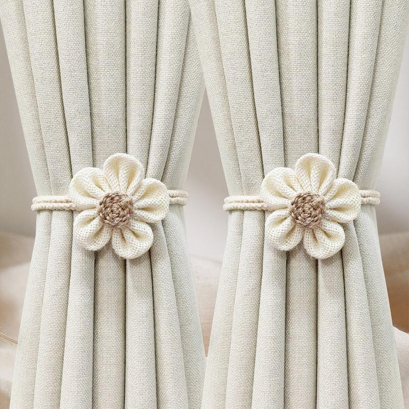 2PCS.Luxury Flower Linen Curtain Tiebacks (Pair), Adjustable Cottagecore Straps, Cute Decor for Sheer/Thick Curtains