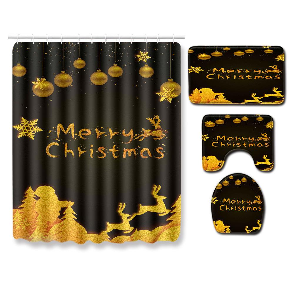 Christmas Bathroom Non-Slip Doormat Bathroom Waterproof Shower Curtain Toilet Floor Mat Four-Piece Shower Room Absorbent Carpet