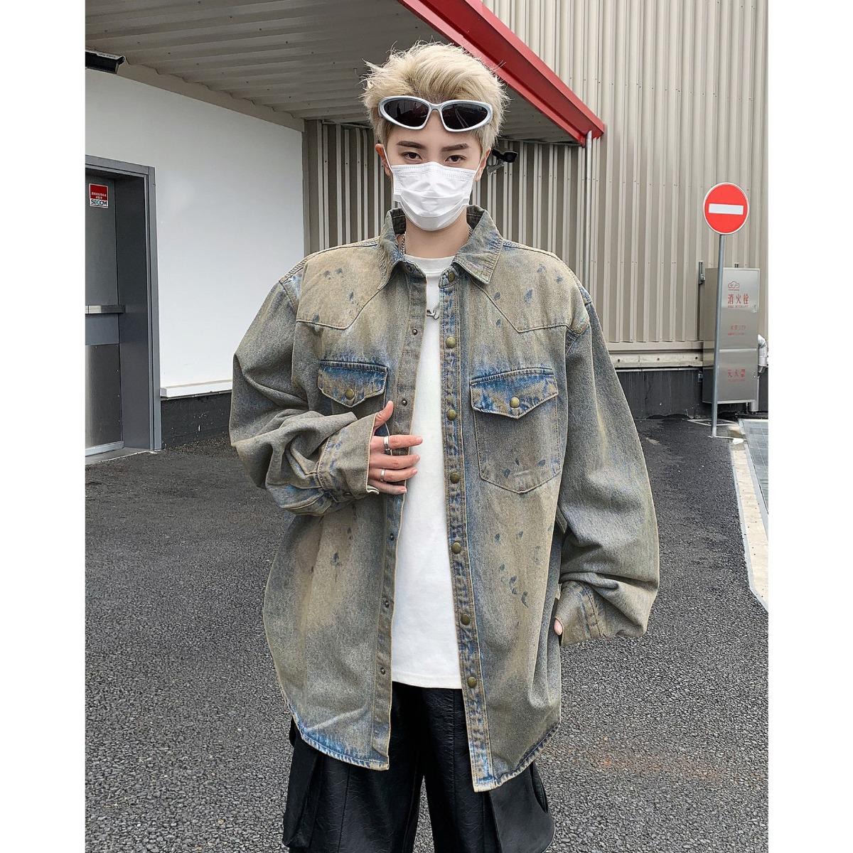 

Американская ретро джинсовая рубашка куртка мужская весна и осень новый стиль старый свободный красивый повседневный длинный рукав рубашка мужская модная 3XL