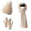 Women Winter Warm 3 Piece Set Fleece Lined Hat Scarf Gloves Solid Color Ski Cycling Vacation