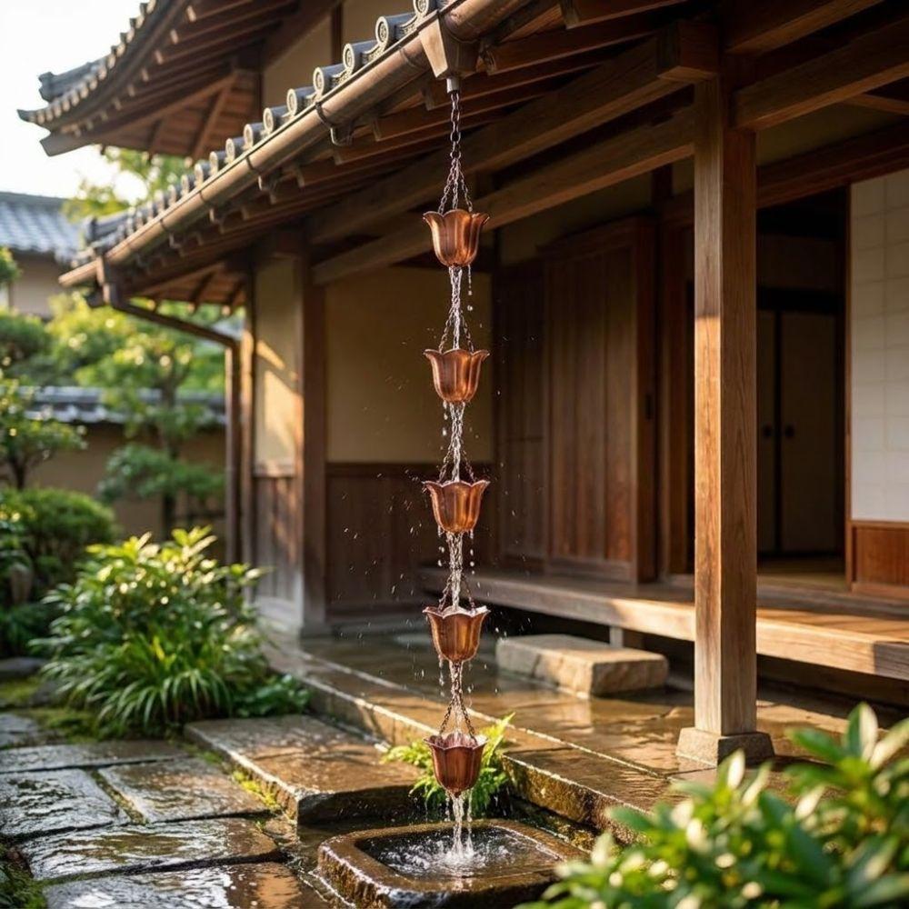 Japanese Style Metal Tulip Rain Chain 7 Cups Iron Art Rain Chain for Gutters Flower-shaped Directs Water