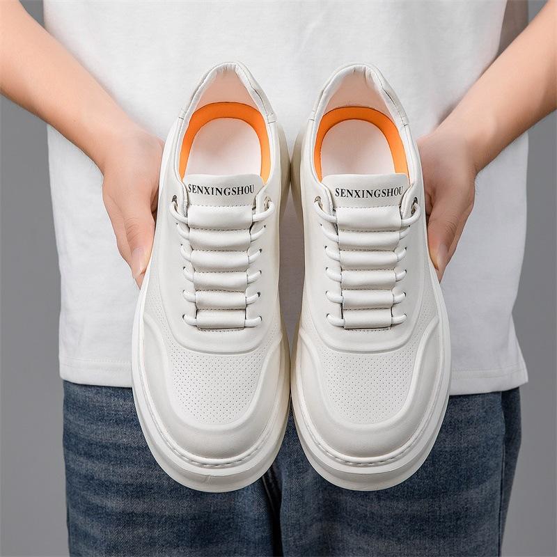 Designer Shoes for Men Genuine Leather Casual Platform Shoes White Thick-soled Flat Skateboard Shoes Cool Sneaker