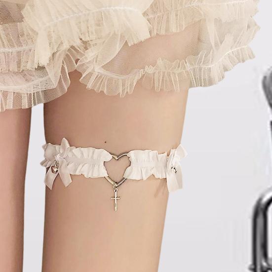 1 pz. Cinghia per anello da gamba con cuore e croce, decorazione con fiocco, elastico antiscivolo, cintura in pizzo gotico, giarrettiera per gamba, Lolita Cosplay, bondage