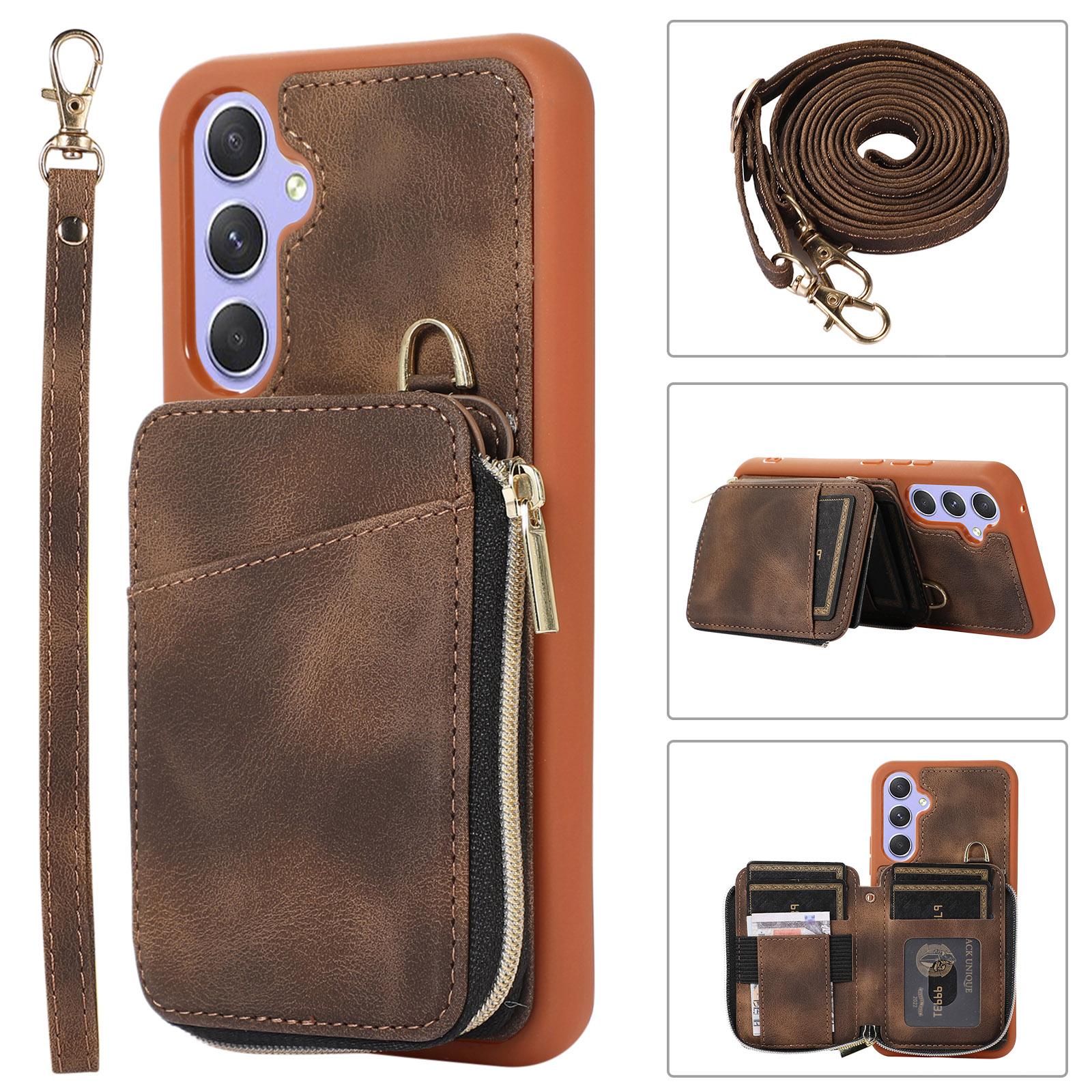 

Card Holder Pocket Case for Samsung Galaxy A54 5G PU Leather Coated TPU Kickstand Phone Cover Shell Brown
